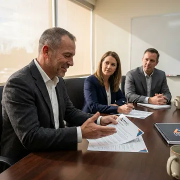 Cybersecurity strategist reviewing compliance plans with leadership