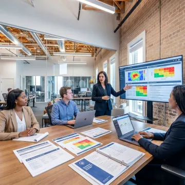 Cybersecurity consultant reviewing risk assessment data