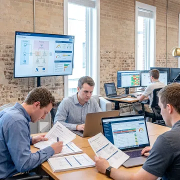 Cybersecurity risk assessment team reviewing security data