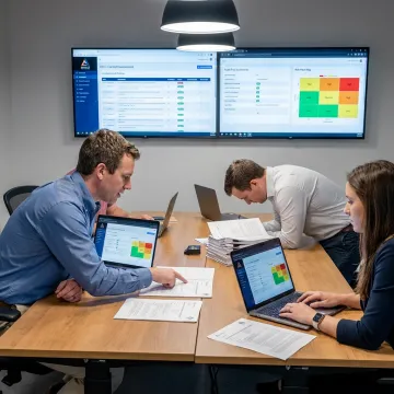 Cybersecurity risk assessment team reviewing security data