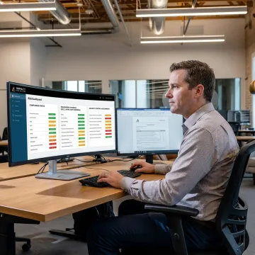 Cybersecurity consultant reviewing compliance risk dashboard
