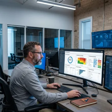 Cybersecurity consultant reviewing risk assessment dashboard