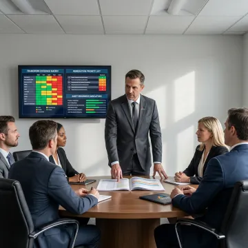 Consultant presenting cybersecurity risk priorities to business team