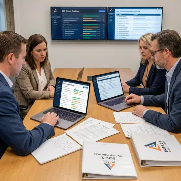 Startup team reviewing SOC 2 compliance plan
