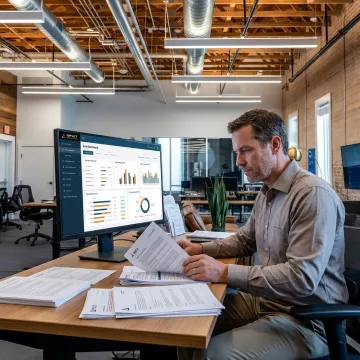 Cybersecurity consultant reviewing risk assessment data