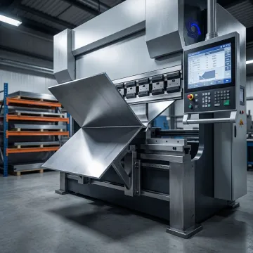 Precision sheet metal bending on a CNC press brake at IMTS custom fabrication facility