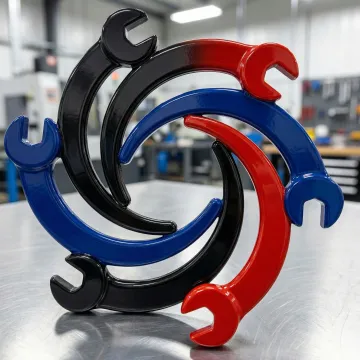 Close-up of powder coated metal components with a smooth, uniform finish