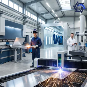 Step-by-step metal fabrication process from raw sheet metal cutting through powder coating and final inspection