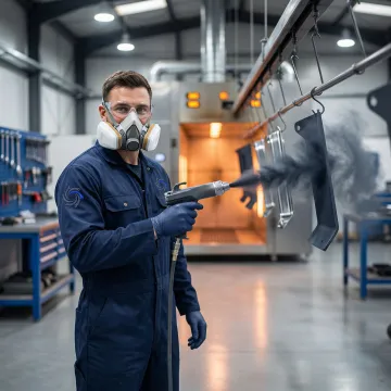 Metal fabrication technician applying powder coating to fabricated steel components in an industrial facility