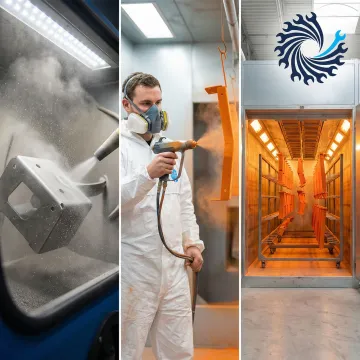 Step-by-step industrial powder coating process showing media blasting, powder application, and curing oven at IMTS facility