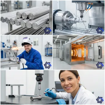 Step-by-step CNC precision manufacturing process for a medical device part from raw material to finished inspection