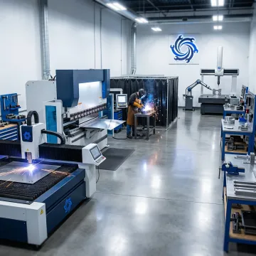 In-house metal fabrication workflow showing cutting, forming, and welding stations at IMTS