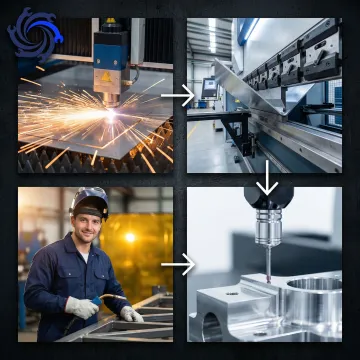 Step-by-step metal forming fabrication process showing cutting, bending, welding, and inspection stages