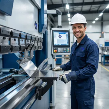 Metal forming manufacturing technician operating a press brake machine in a South Carolina fabrication facility
