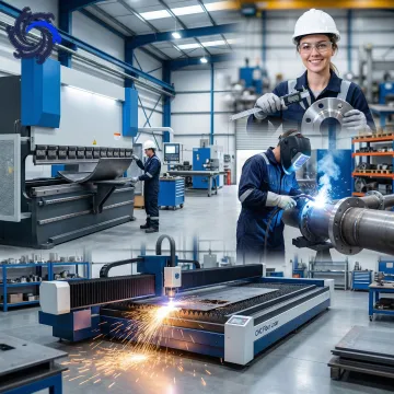 Step-by-step laser cutting fabrication process for energy industry metal components in a manufacturing facility