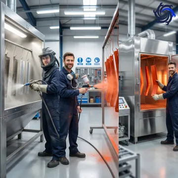 Step-by-step industrial powder coating process showing media blasting, powder application, and oven curing of metal parts