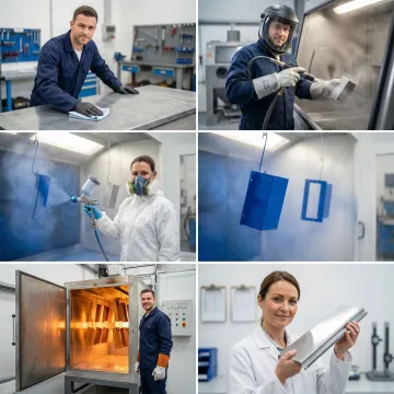 Step-by-step metal powder coating process in an industrial facility