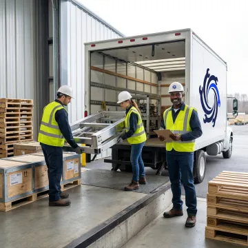 IMTS team loading fabricated metal parts onto a box truck for regional delivery