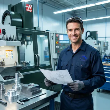 CNC machinist reviewing a technical drawing next to a vertical milling machine