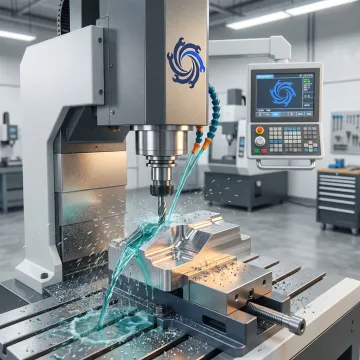 Vertical CNC milling machine producing a precision multi-surface metal component