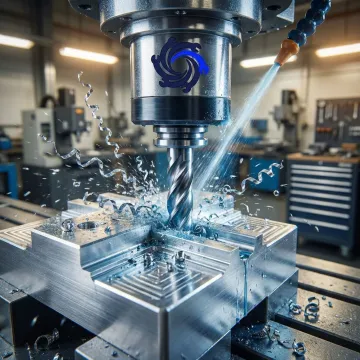 CNC milling machine cutting a complex metal part with precision at IMTS facility