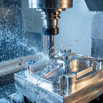 Multi-axis CNC milling machine cutting a complex metal part with precision