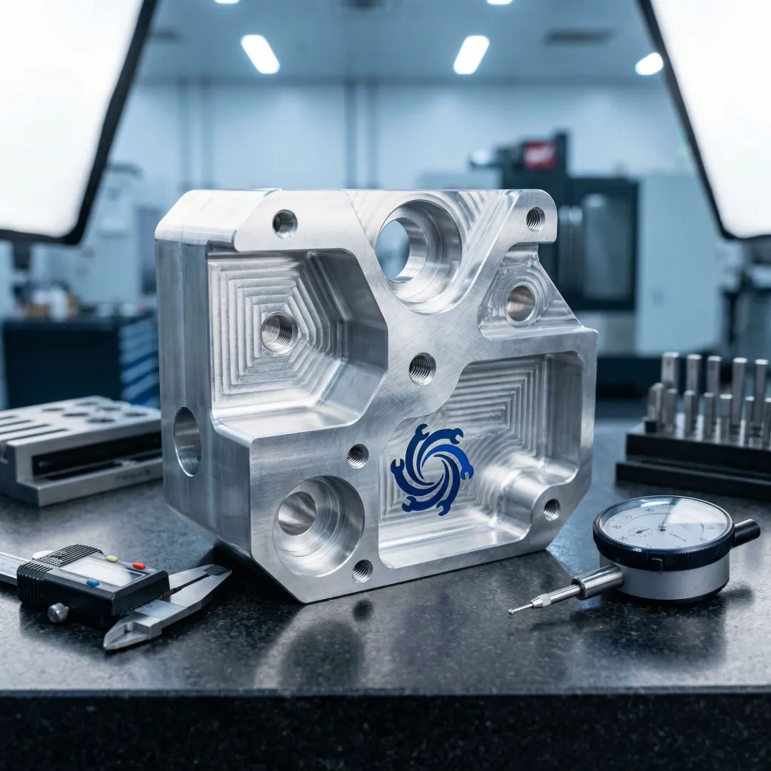 Precision milled custom metal component with complex geometry on inspection table