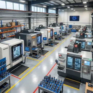 Integrated CNC machine shop with milling centers, lathes, and inspection equipment