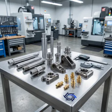 Precision CNC machined metal parts laid out for inspection in a manufacturing facility