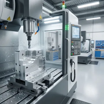 CNC milling machine producing a precision metal component in a fabrication shop