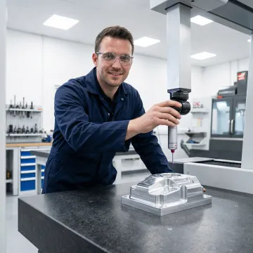 Machinist inspecting a precision milled metal part with a CMM measuring device