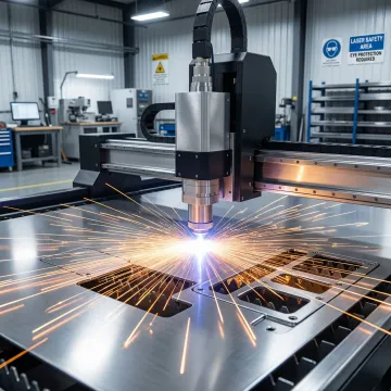 High-precision fiber laser cutting machine cutting intricate steel parts in a metal fabrication shop