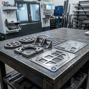 Close-up of laser-cut steel parts with clean edges and intricate profiles on a metal fabrication workbench