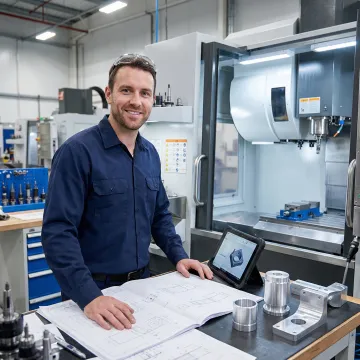 CNC machinist reviewing engineering drawings at a precision machining workstation