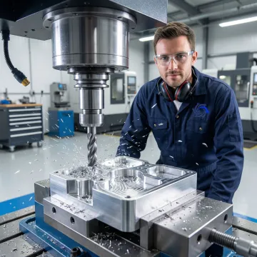 CNC milling machine producing a precision metal prototype part