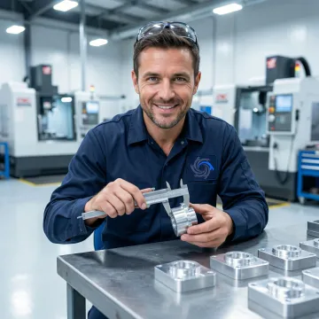 Machinist reviewing precision milled metal parts on a workbench