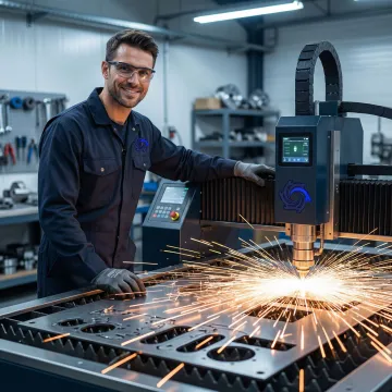Custom metal fabrication technician operating CNC laser cutting machine in a professional workshop