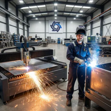 Custom metal fabrication workshop with CNC machinery and fabricated steel components