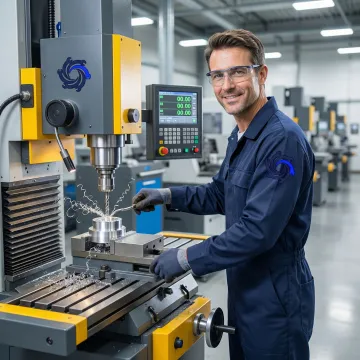 IMTS technician operating CNC metal fabrication equipment in a manufacturing facility