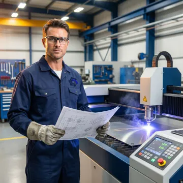 CNC machine operator reviewing metal cutting blueprints next to a laser cutting machine in a fabrication facility