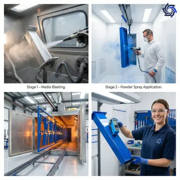 Step-by-step powder coating process in an industrial manufacturing facility