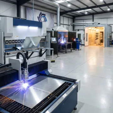 Integrated metal fabrication workflow showing cutting, welding, and finishing stages