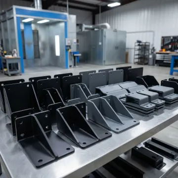 Close-up of powder-coated metal components with smooth, uniform finish