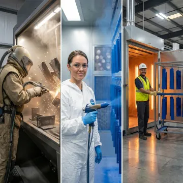 Step-by-step powder coating process showing surface blasting, powder application, and curing oven