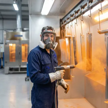 Professional powder coating technician applying industrial coating to metal components in a facility