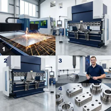 Step-by-step metal fabrication process showing laser cutting, forming, and quality inspection in a professional workshop