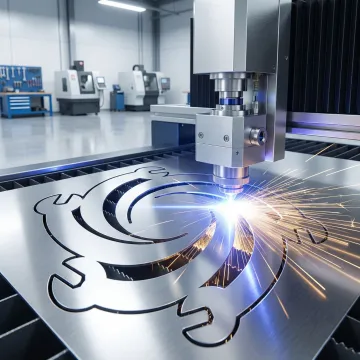 Precision fiber laser cutting machine cutting sheet metal with a clean, bright laser beam in an industrial workshop