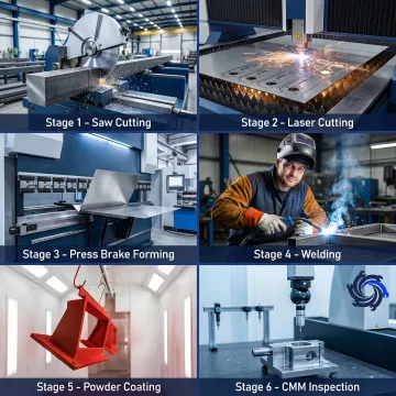 Step-by-step metal fabrication process from raw material to finished component