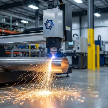 Professional tube laser cutting machine processing metal tubing with precision in a manufacturing facility