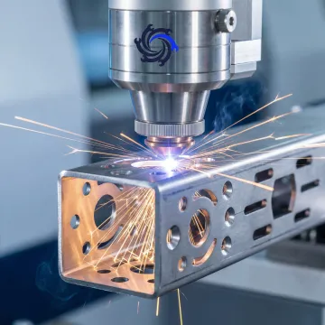 Close-up of a fiber tube laser cutting intricate features into square metal tubing with precision
